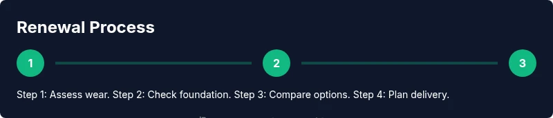 Infographic showing a three-step renewal process from wear assessment to delivery