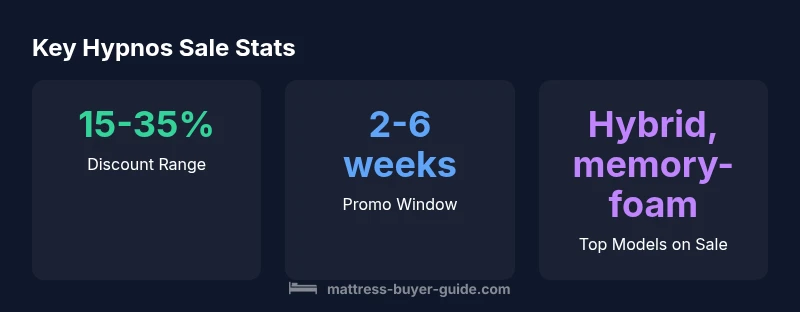 Three-column infographic showing Hypnos sale discount, duration, and model types
