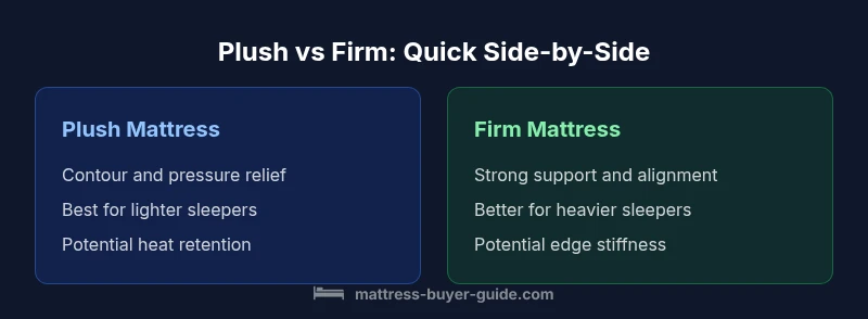 Comparison infographic showing plush vs firm mattresses with two panels and bullet points